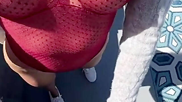 Bryce Adams Rides Dick Outdoors In A Red Bodysuit