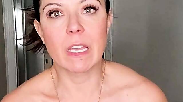 Busty curly brunette with big boobs fucks on couch