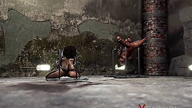 Two hot sex slaves in human cages fucked by a big man in a mask in the basement
