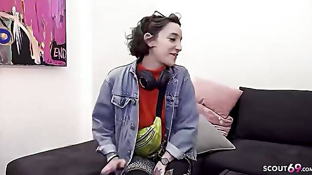 Skinny French tattoo model Lena Fire rimjobs and fucks at casting before getting pee in her mouth