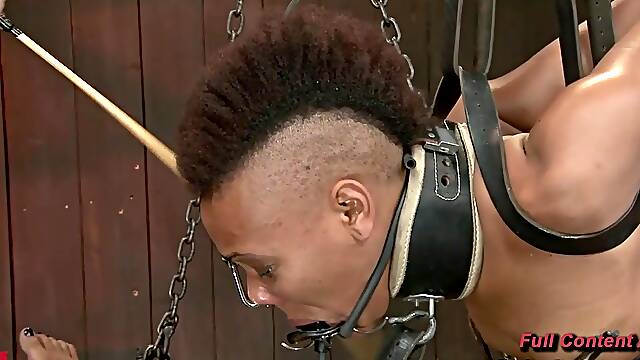 Nikki Darling Ebony Device Bondage With Claire Adams Nipple Clamps Wax Cane And Hard Anal