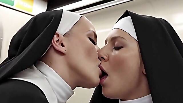 2 nuns are having public sex in a subway car. 2 nuns are having public sex in a subway car. Masturbation between big titties. (AI).