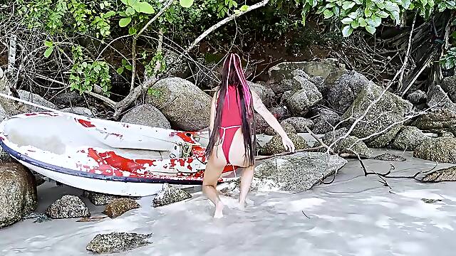 Hawt Monika Fox In Red Bodysuit On Beach Near Kayak