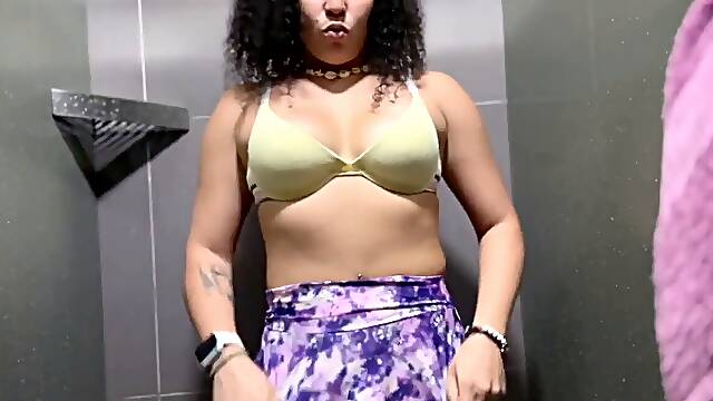 Fingering my slit while taking a shower in a gym bath after training-Hairylonely