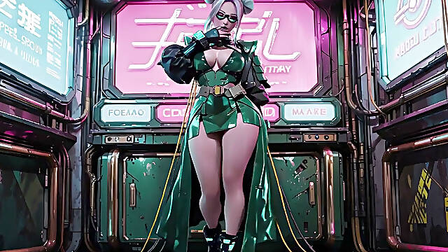 The Green Armored Girl! Silver-haired Valkyrie kneeling and glancing back, fingertips tracing her cold metallic suit.