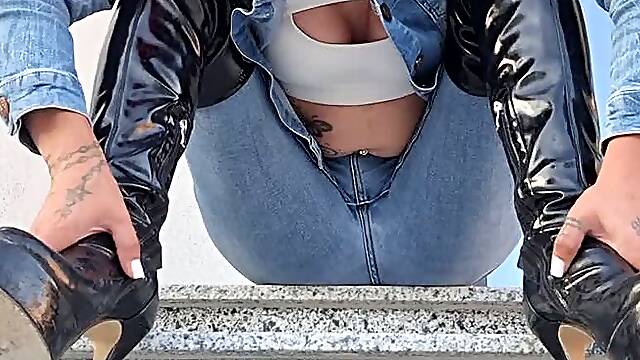 Blowing Yellow Snot on the Steps – Long Thick Strings of Mucus in Tight Jeans & Leather Boots