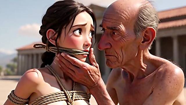 Woman in Public Bondage - Old Man Caressing Her While She’s Desperate & Horny