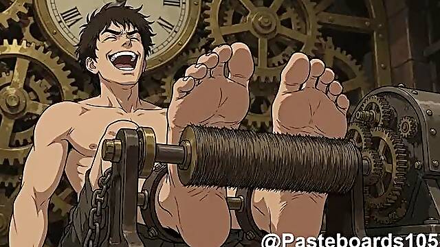 Bound Anime Muscle Hunks - Brush Machines On Their Bare Soles