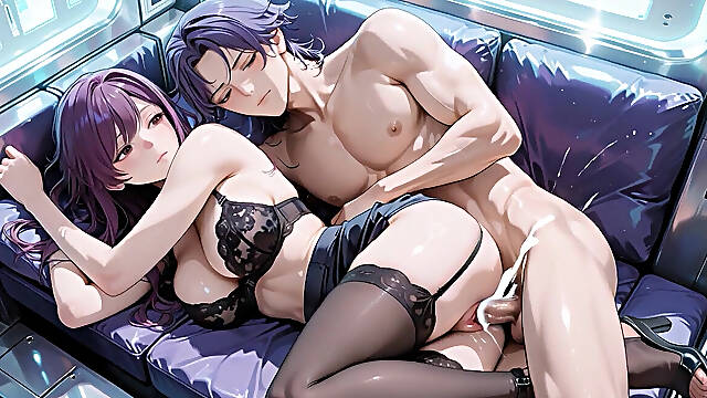 So Naughty! Purple Shiny Mini Skirt & Black Stockings Passionate Sex in Spaceship