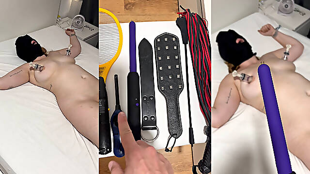 Super Hot BDSM Session Blind & Vulnerable Mask, Chains, Spreader Bar, Pump, Electro