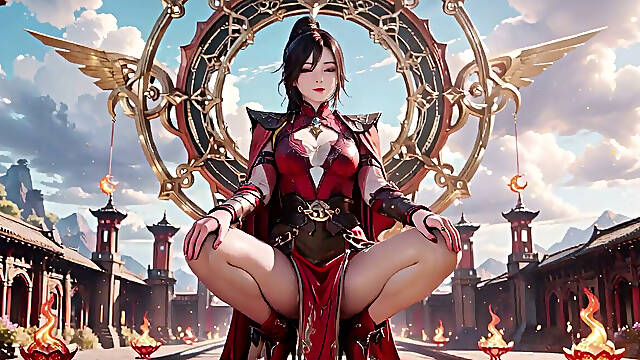 Red Armor Queen Arrives! Taboo Licking in Pure White Space, Shy High-tail Girl Covers Her Chest.
